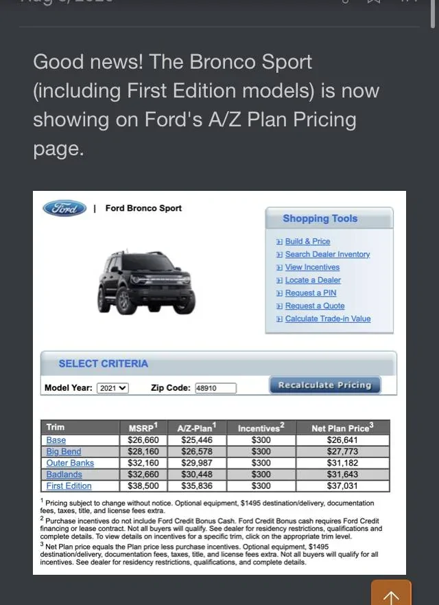 A Plan Pricing 2021+ Ford Bronco Sport Forum