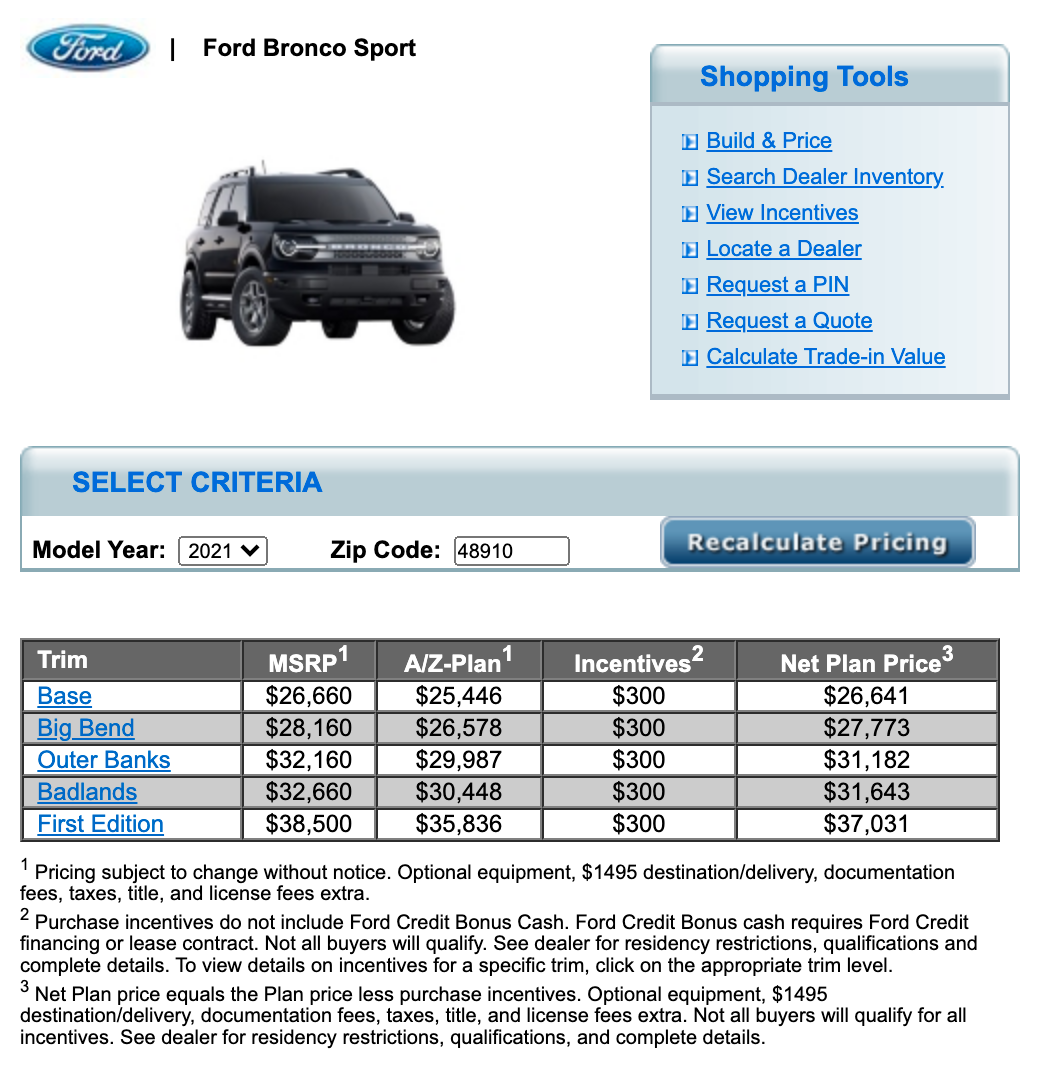 Bronco Sport is Eligible for A/Z Plan Pricing (Including First Edition