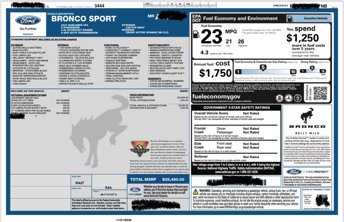 2021 Bronco Sport MPG (23 Combined) Revealed in Actual Window Sticker