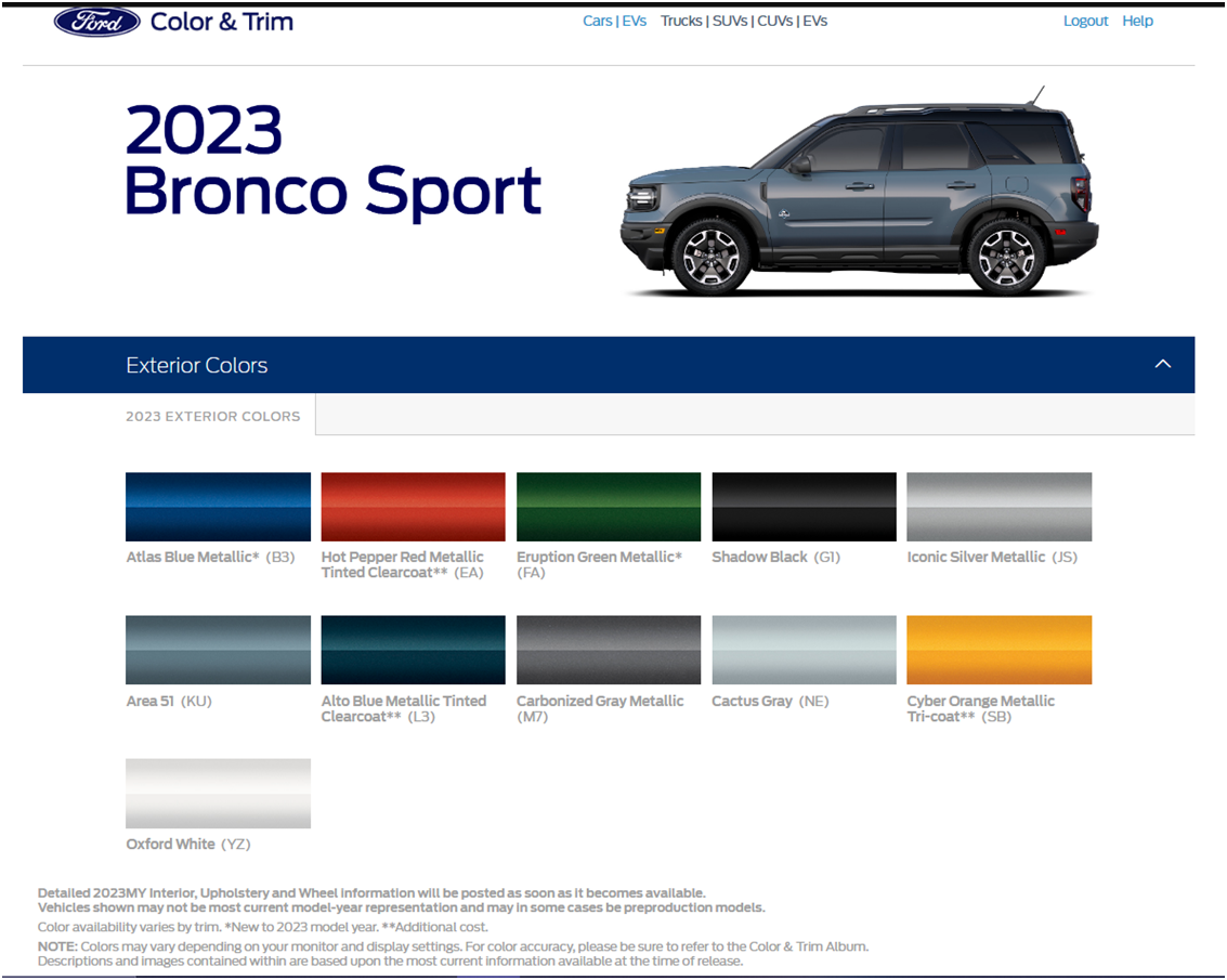 2023 Bronco Sport colors from Ford Dealer site (new Atlas Blue
